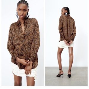 Zara Tan and Black Animal Silk Blouse Size S